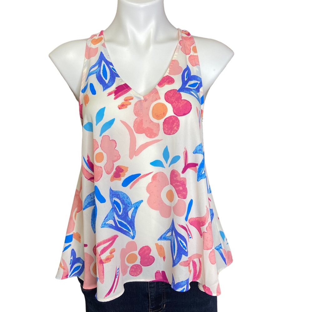 3/$20 EVERLY Floral Racerback Flowy Tank Top White Pink Blue Size Small